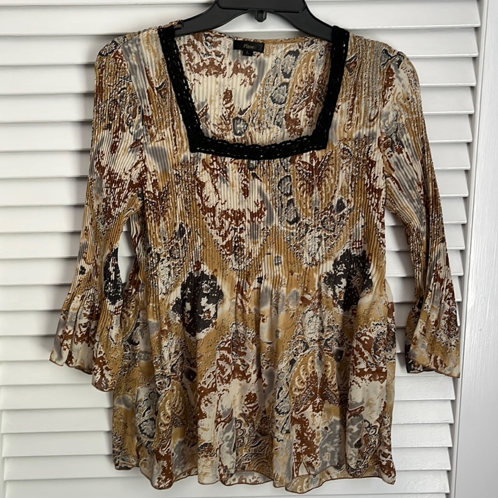 Y2K Vintage Babydoll Peasent Boho Top Printed Pleated Bell Sleeves Crochet Neck